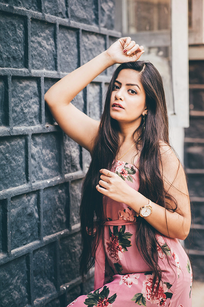 Outdoor fashion photography with model Khushi Sharma wearing a pink floral dress