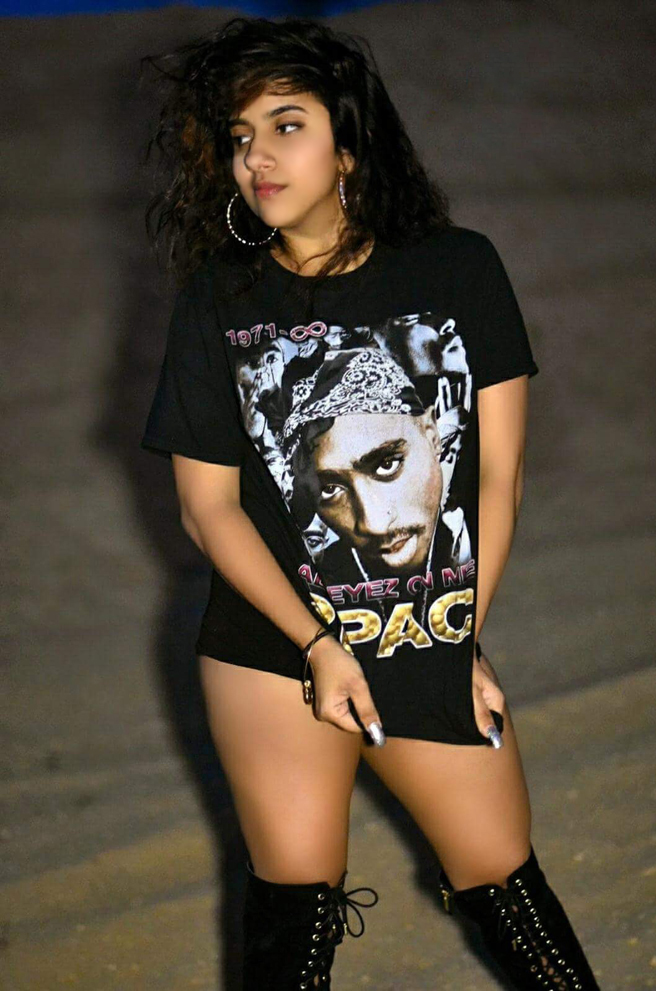 Raleigh based Indian model Anitha Fiorito wearing a Tshirt featureing Hip Hop star Tupac