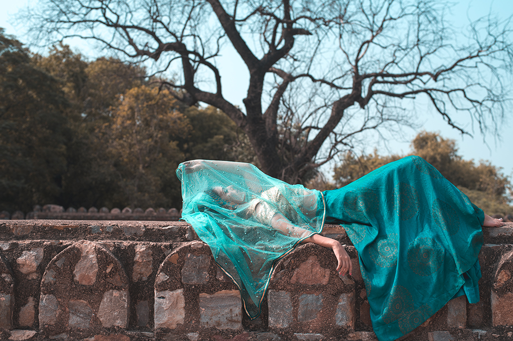 Indian fashion photography featuring model Jyoti Gupta in a Blue lehenga choli