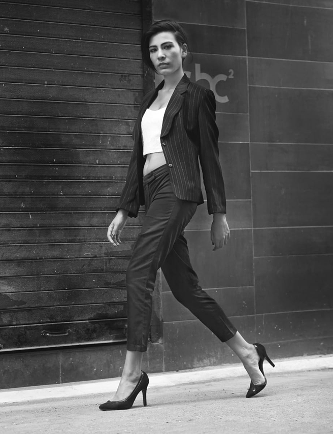 Interview: Black and white fashion photography featuring Mumbai based female model Kinjal Goyal in a formal suit