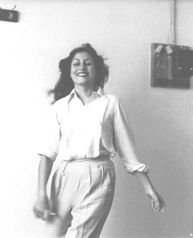 vintage photo of hindi film actress madhubala in a white shirt and pants