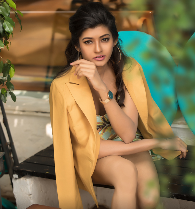 Chennai based model and actress Mona Jain photographed wearing a stunning dress with yellow jacket.