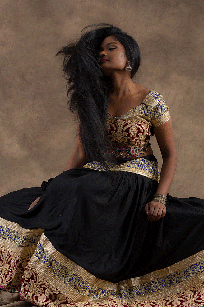 Studio photoshoot with Paris based south Asian model Niveththika wearing a lehenga choli